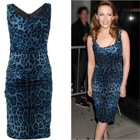 Dolce & Gabbana Blue Leopard Print Silk Ruched Bodycon Dress IT 46 (US 10) - Picture 1 of 9